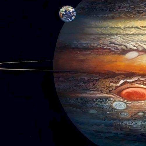 An artistic depiction of Jupiter with its Great Red Spot, featuring a small Earth in the background.
