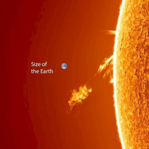 Image shows the Sun’s surface with a label indicating Earth's size for comparison, highlighting the Sun's massive scale.