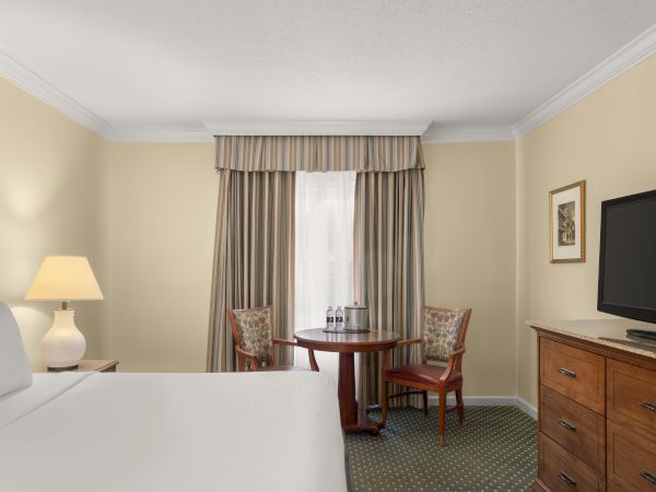 A hotel room with a bed, TV, table, and chairs. It has lamps, curtains, patterned carpet, and neutral walls, creating a cozy atmosphere.