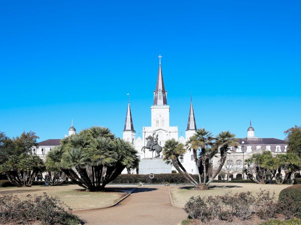 The image shows a park with palm trees, a statue, and a historic building with spires against a clear blue sky in the background.